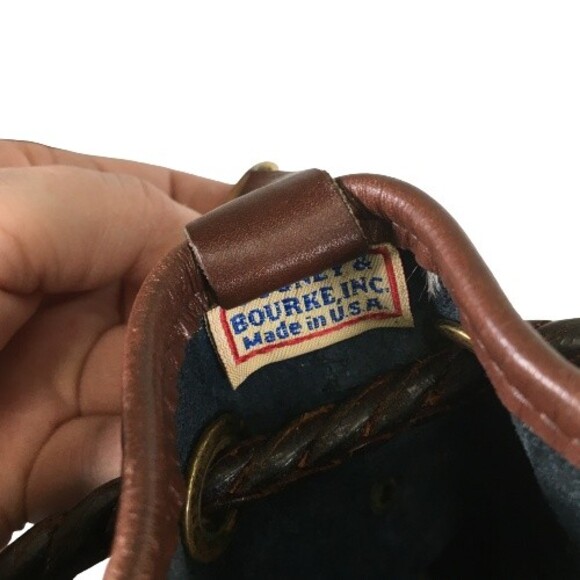 Dooney Bourke AWL Pebbled Leather Drawstring Hobo Bucket Navy Brown Shoulder Bag - Picture 11 of 16